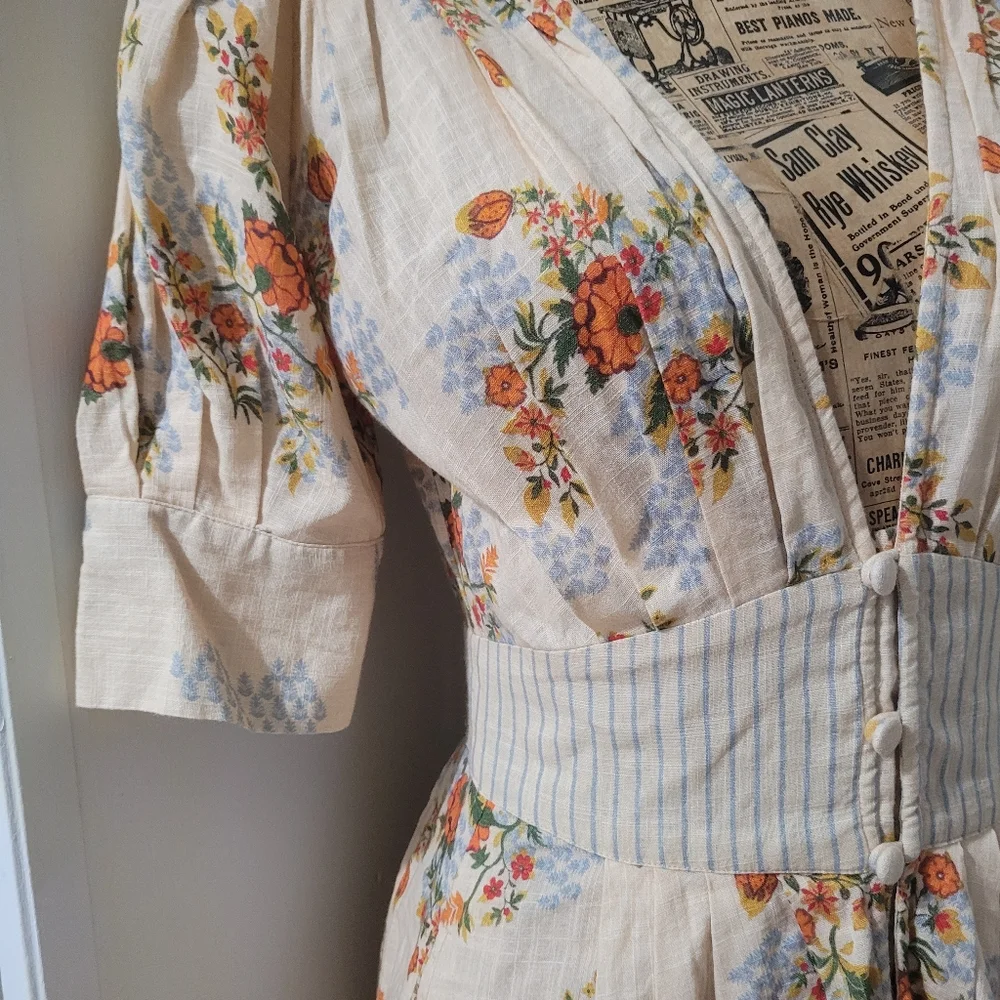 Agua Bendita Menta Sunbaze by Antropologie Floral Beige Mini Dress Pleated - Picture 3 of 10